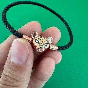 Pandora Sparkling Lion Princess Woven Black Leather Bracelet 7.9INCH